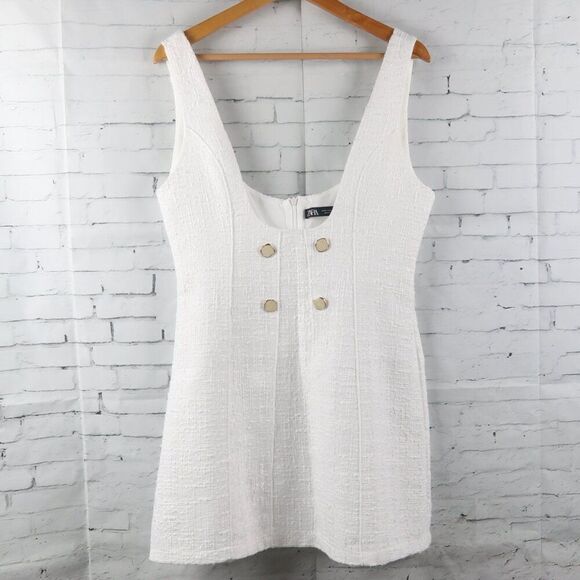 Zara Dresses & Skirts - ZARA WHITE TWEED SLEEVELESS PLUNGING NECKLINE 4 BUTTON MINI DRESS SIZE MEDIUM